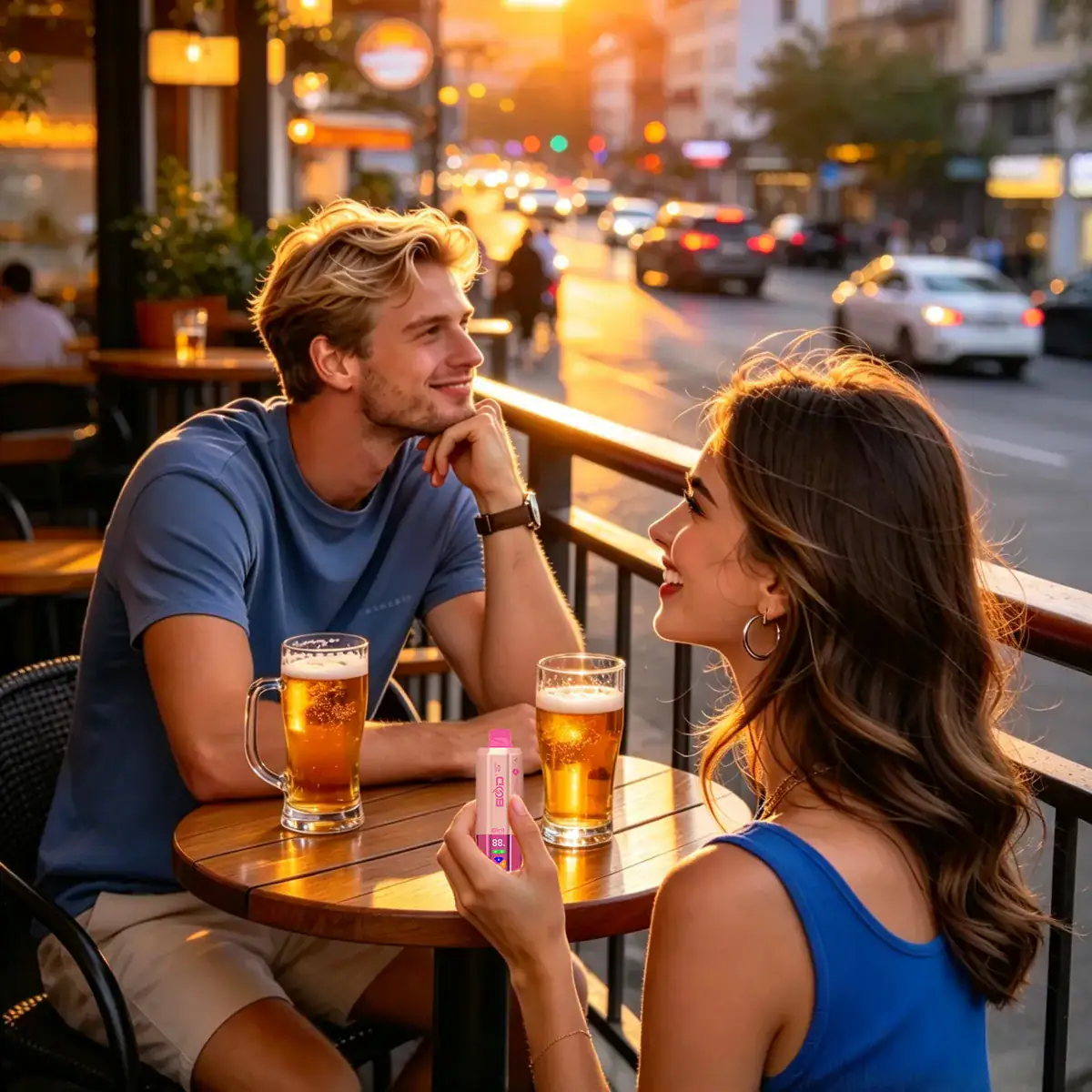 Golden hour, two BOOD devices on a cafe table