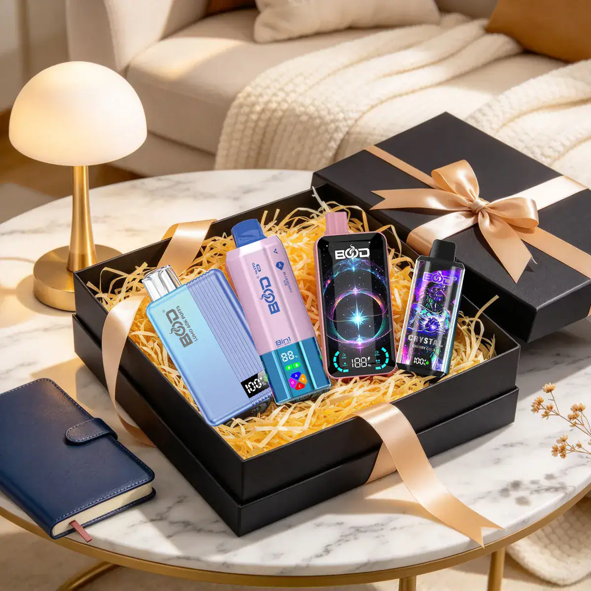 An open BOOD gift box with four devices inside