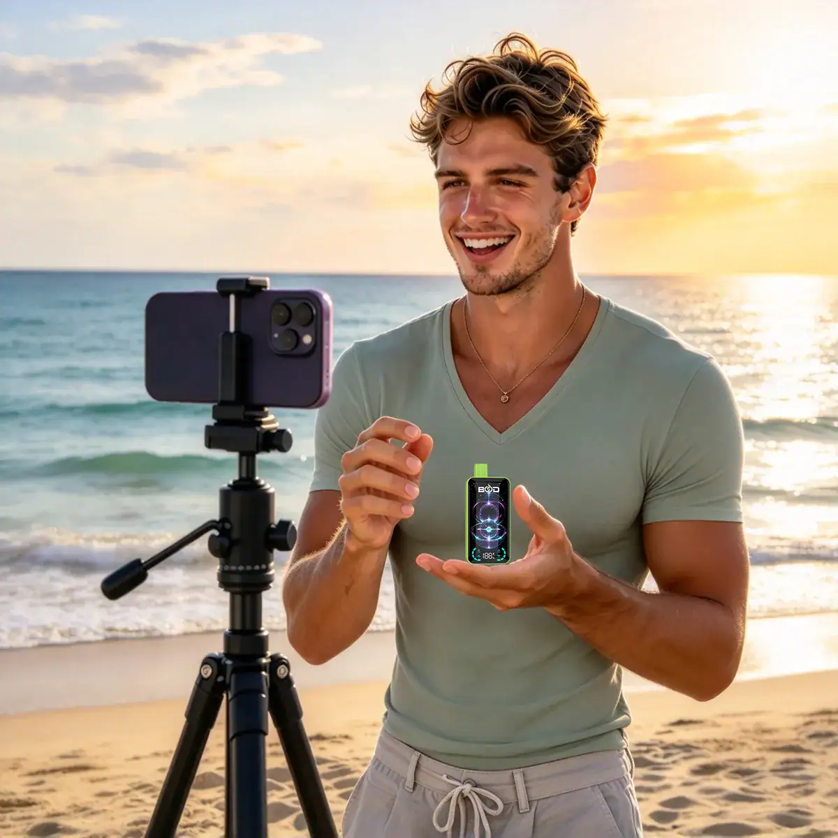 Creator filming a BOOD review on the beach