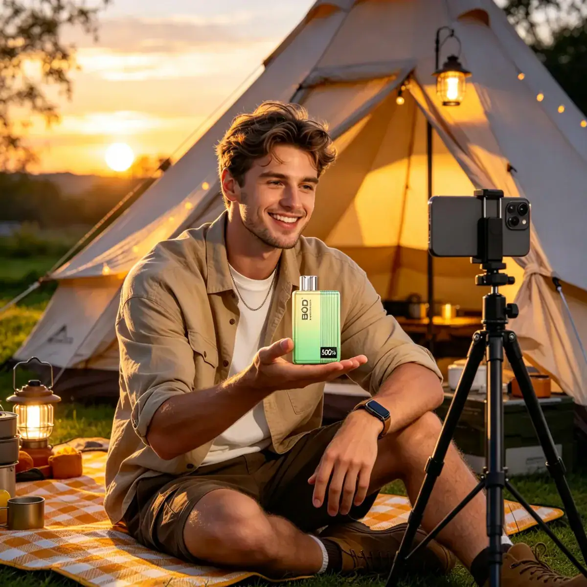 Creator filming a BOOD review at a campsite