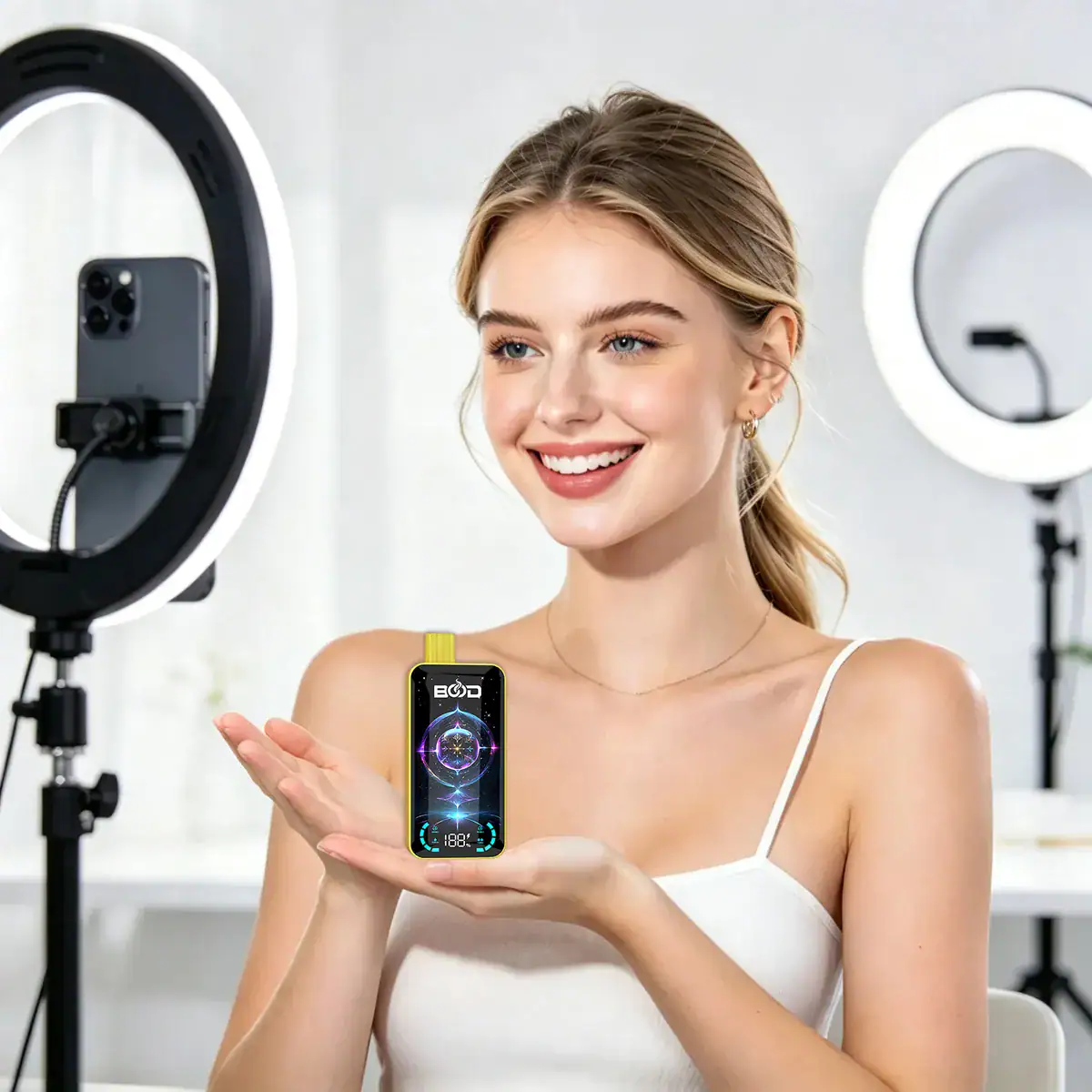 Creator filming a BOOD review in a home studio